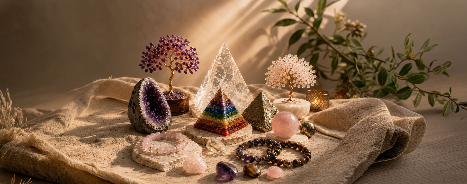 Hirayaa crystal collection — amethyst geode, orgone pyramid, crystal trees and beaded bracelets on linen